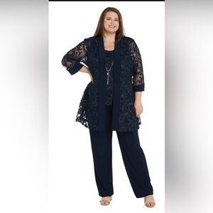 R&M Richards Navy Two-Piece Soutache Jacket and Tank Pantsuit with Necklace